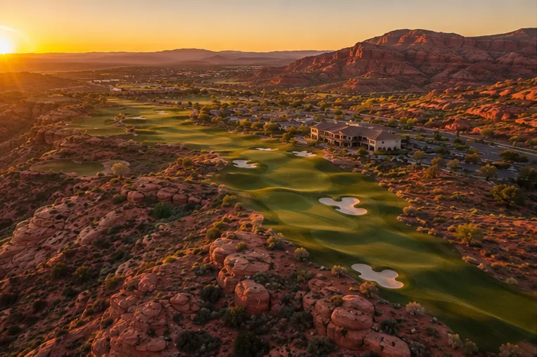 AI-generated illustration of a golf fairway winding through red rock terrain at sunset, in the style of Southern Utah's golf courses