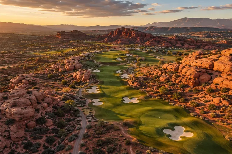AI-generated illustration of a golf course fairway among red rock boulders at sunset, in the style of Southern Utah's golf courses