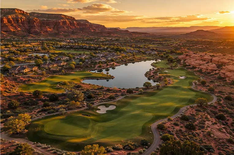 AI-generated illustration of a golf course with a pond surrounded by red rock and desert homes, in the style of Southern Utah's golf courses