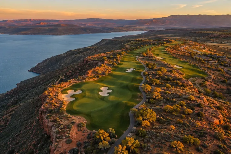 AI-generated illustration of a golf fairway along a cliff overlooking a reservoir, in the style of Southern Utah's golf courses